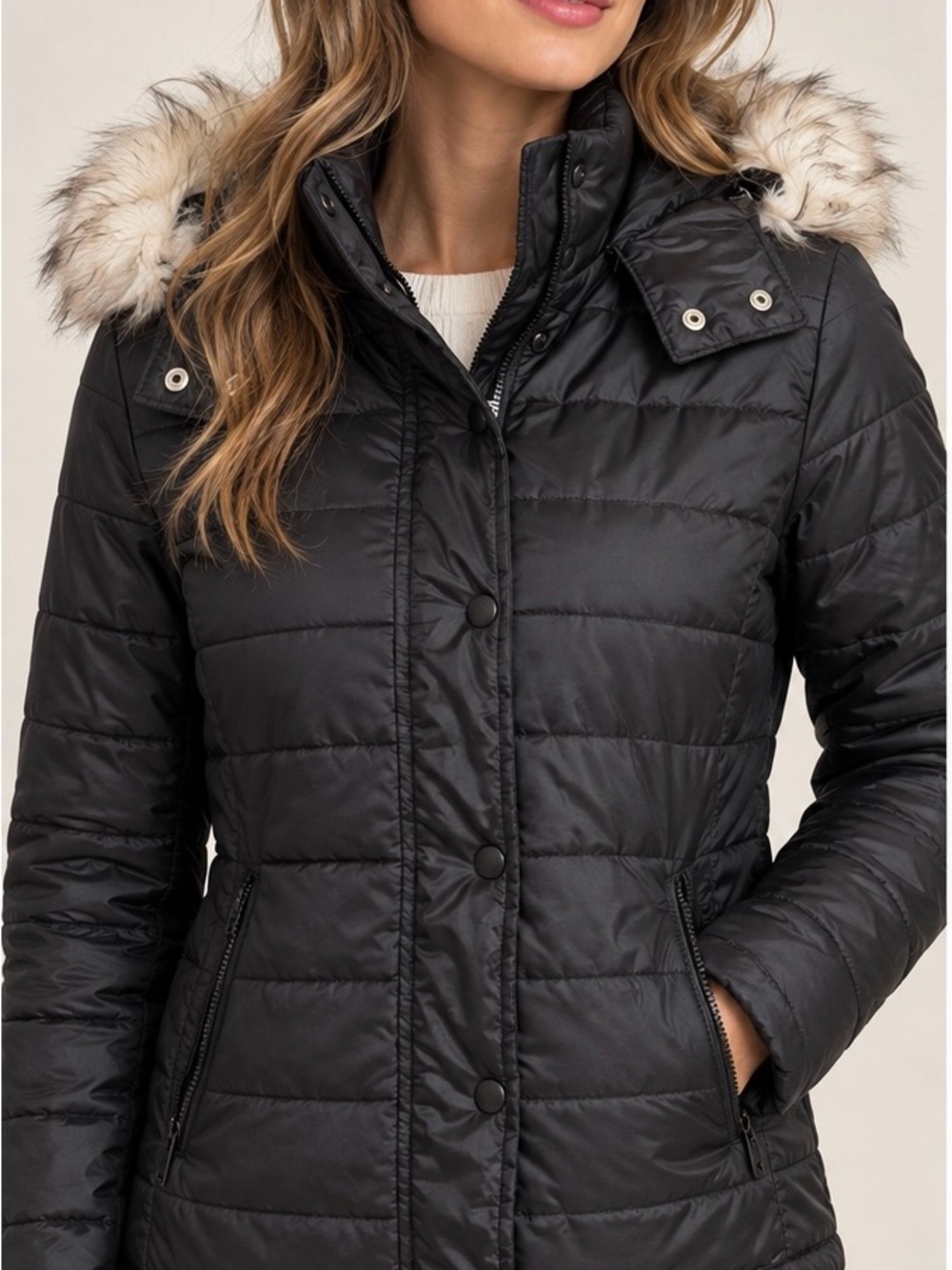 Ambiance Outerwear Black Puffer Jacket Faux Fur Hood Quilted NWOT Size S